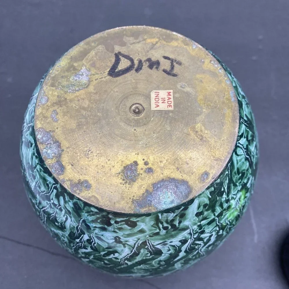 Vintage Brass Vase Green Marbled Abstract Finish Smooth‎ India Boho Artsy 90s